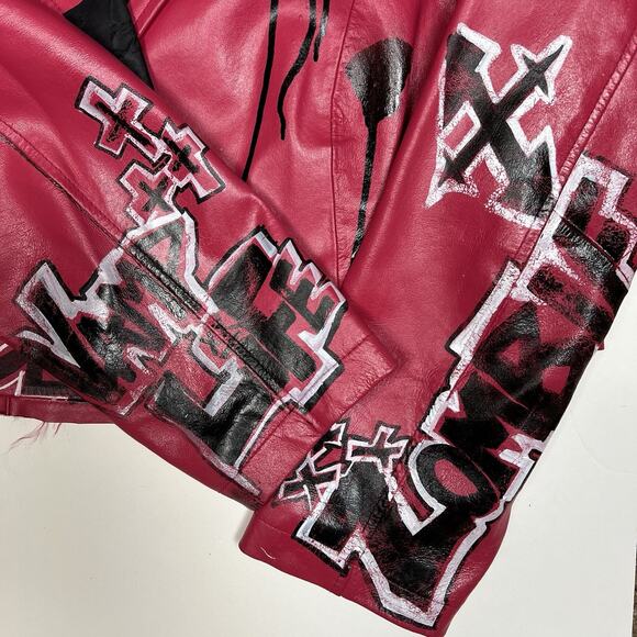Red Faux Leather Graffiti Jacket Spikes Punk Indie Artist Streetwear OOAK Alt M - Picture 6 of 8